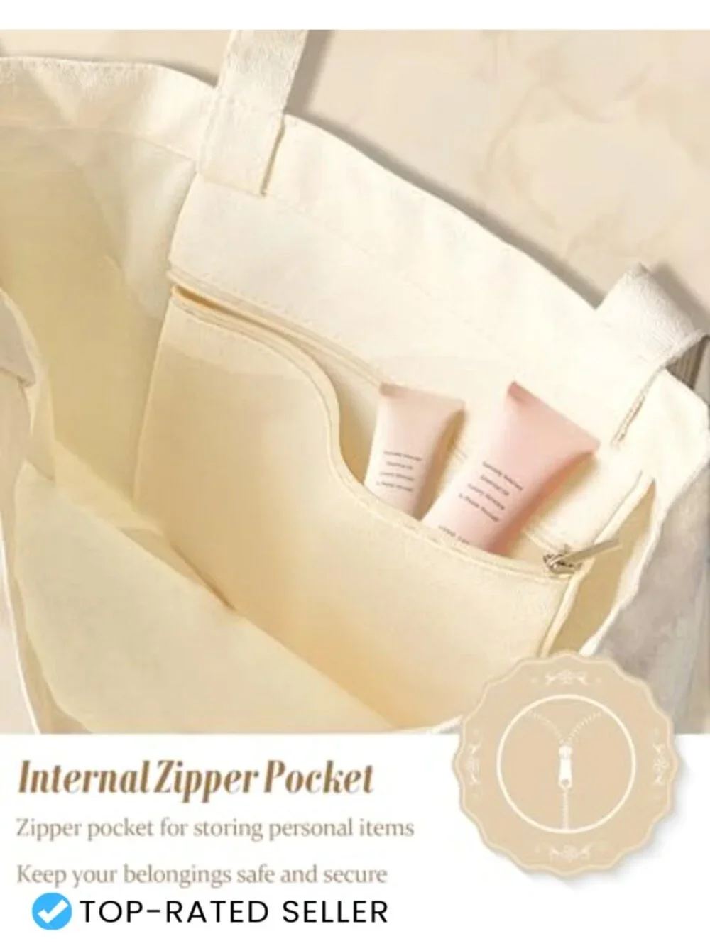 Canvas Tote Bag for Women with Zippered Inner Pocket